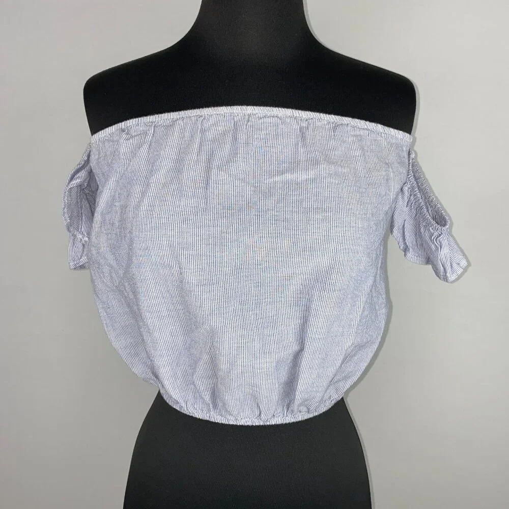 Brandy Melville Off The Shoulder Crop Top One Size Blue White Striped Beach Boho - Picture 6 of 16